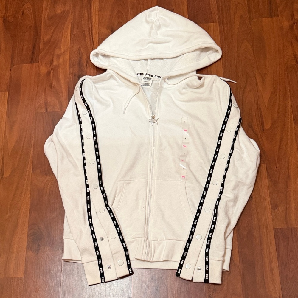 PINK Victoria's Secret White Zip-Up Hoodie with Black Trim